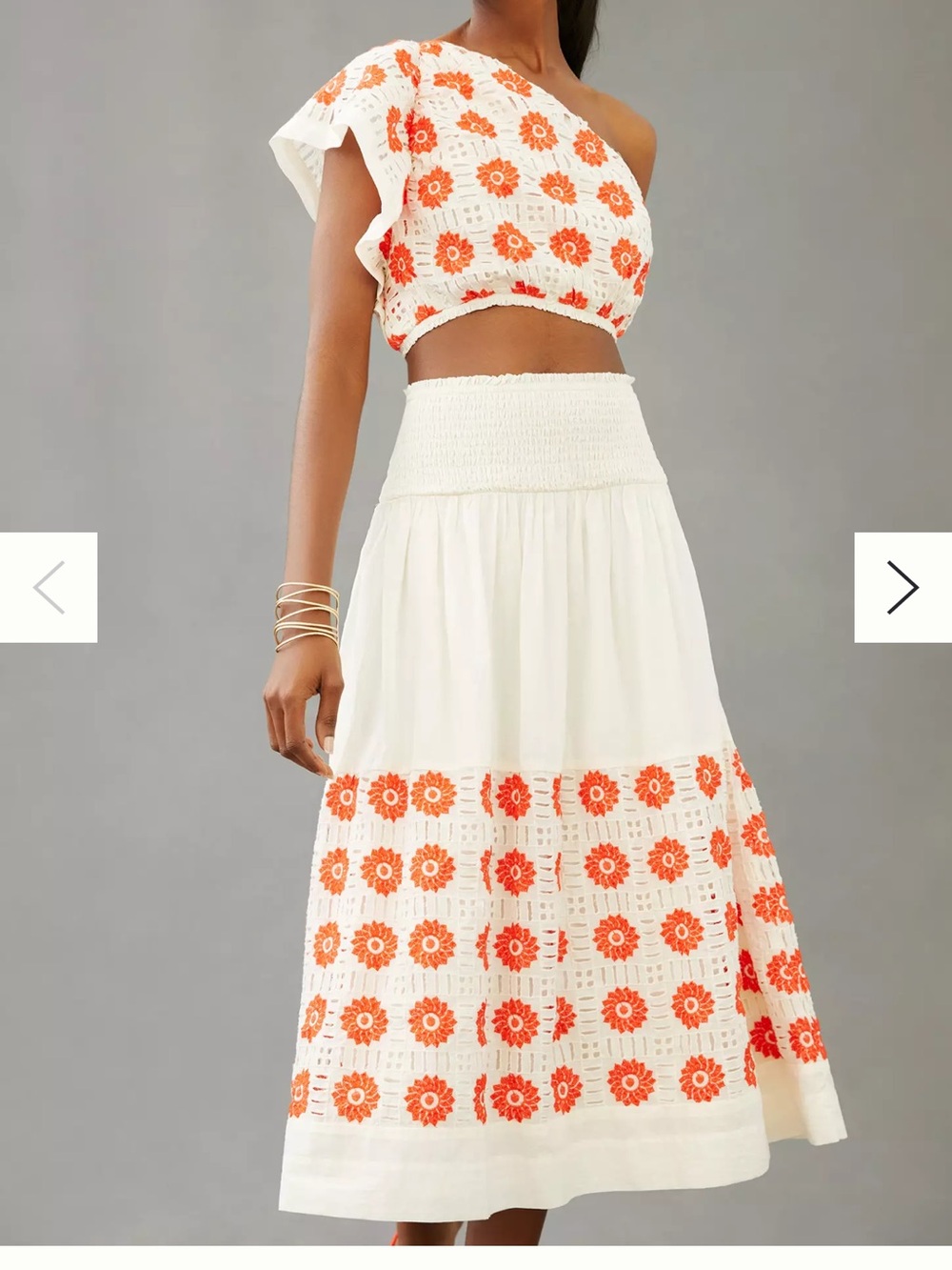 Anthropologie White Maxi Skirt with Orange Floral Embroidery